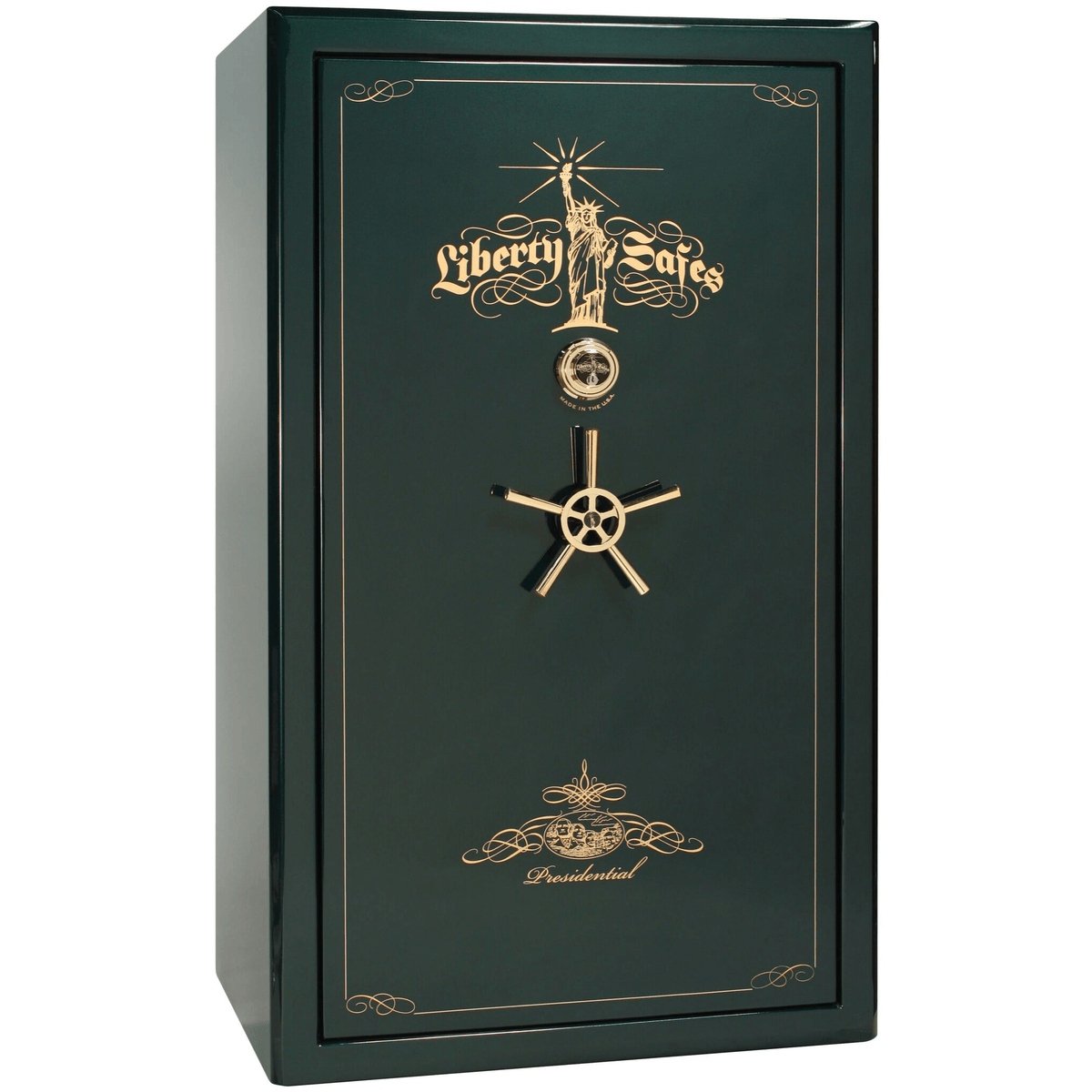 Presidential Series | Level 8 Security | 2.5 Hours Fire Protection | 50 | Dimensions: 72.5&quot;(H) x 42.25&quot;(W) x 32&quot;(D) | Green Gloss | Gold Hardware | Mechanical Lock